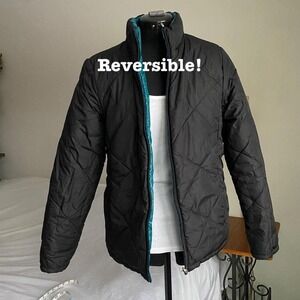Reversible Black Teal Quilted Puffer Jacket pockets with inside/outside – Size S